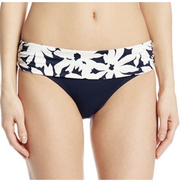 NWOT Anne Cole Bikini Bottoms XS Fold Over Swimsuit Bottoms Navy White Daisy New - Picture 1 of 8